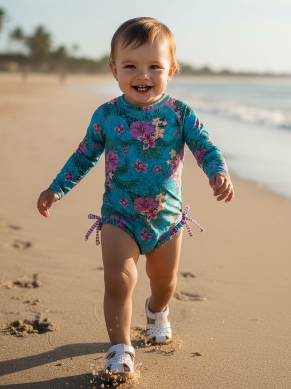 RuffleButts Baby Girl Teal Floral Long Sleeve Zip Rash Guard Swimsuit 18-24M